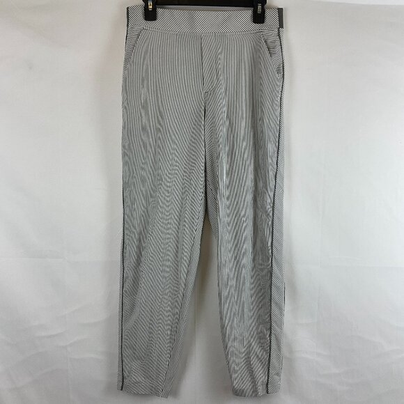 Athleta Brooklyn Mid Rise Ankle Pant 8 Gray White Stripe Pockets Elastic Waist - Picture 1 of 9